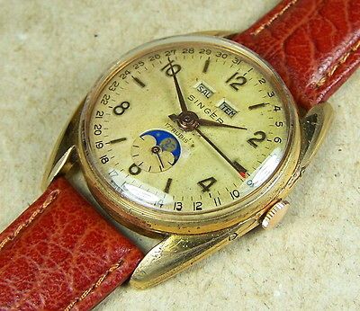 MOONPHASE TRIPLE DATE SINGER VINTAGE MENS WATCH MOON PHASE MANUAL
