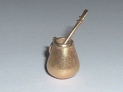 VINTAGE 18k GOLD 3D SOUTH AMERICA YEBA MATE GOURD CUP STRAW ARGENTINA