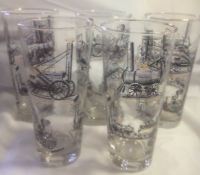 LOT OF 5 VINTAGE TRAIN GLASSES LIBBEY 6 1/2 BEER TUMBLER GOLD LEAF