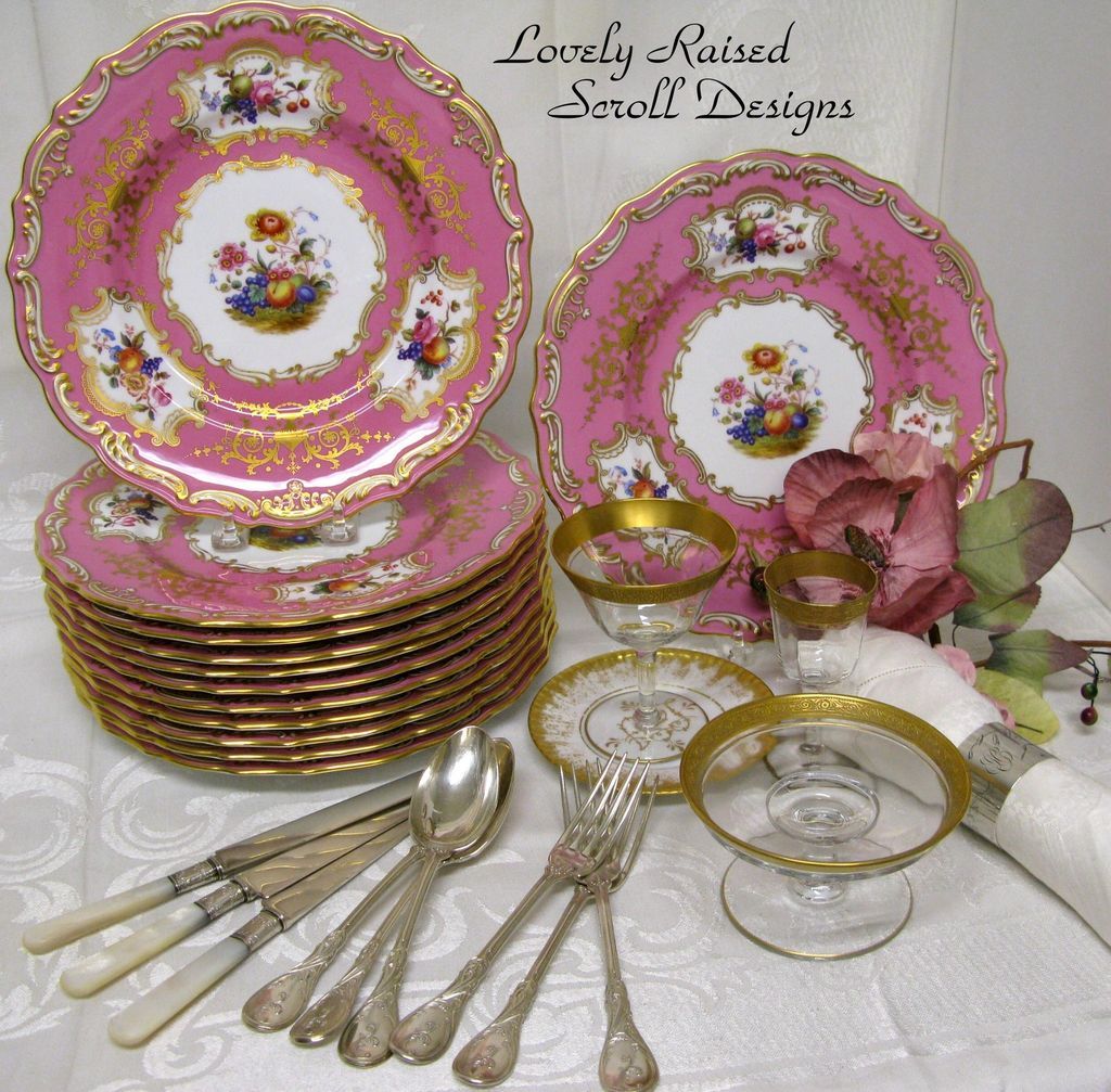 Set of 12 SPODE PINK & GOLD FRUIT,FLOWER & SCROLL CHARGER/PLATES 10.75