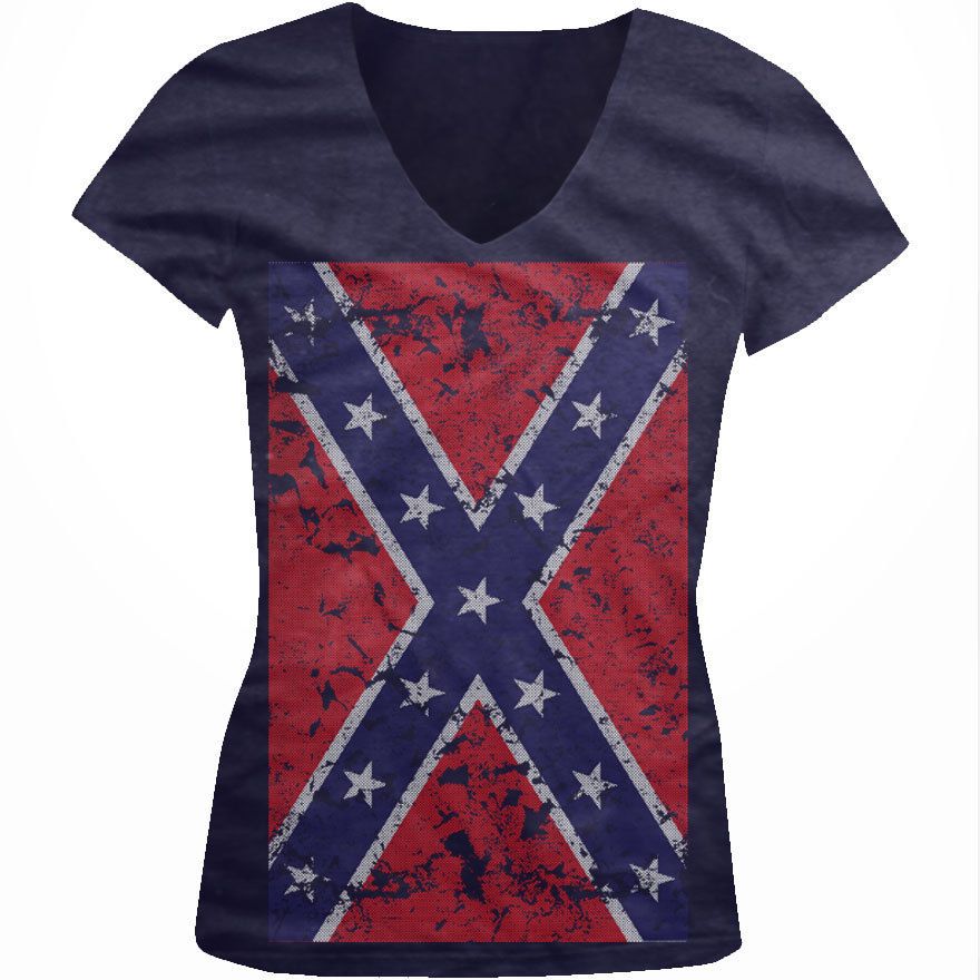 Confederate Flag Oversize Juniors Girls V Neck Shirt Redneck Southern