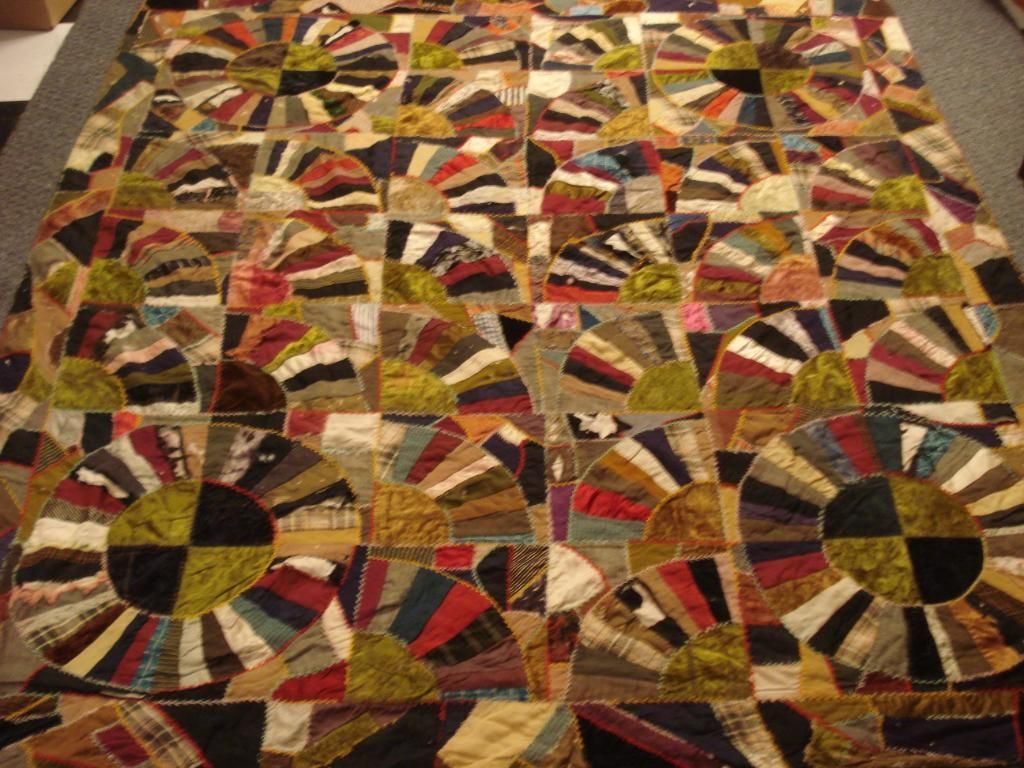 Victorian Crazy Quilt w Wheels Fans 66 x 72 Velvet Silk Rich Colors